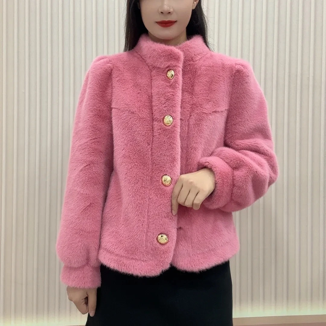 

Осень/зима 2022, новая короткая куртка из меха норки для женщин, модное темпераментное тонкое толстое пальто с воротником-стойкой, однобортное