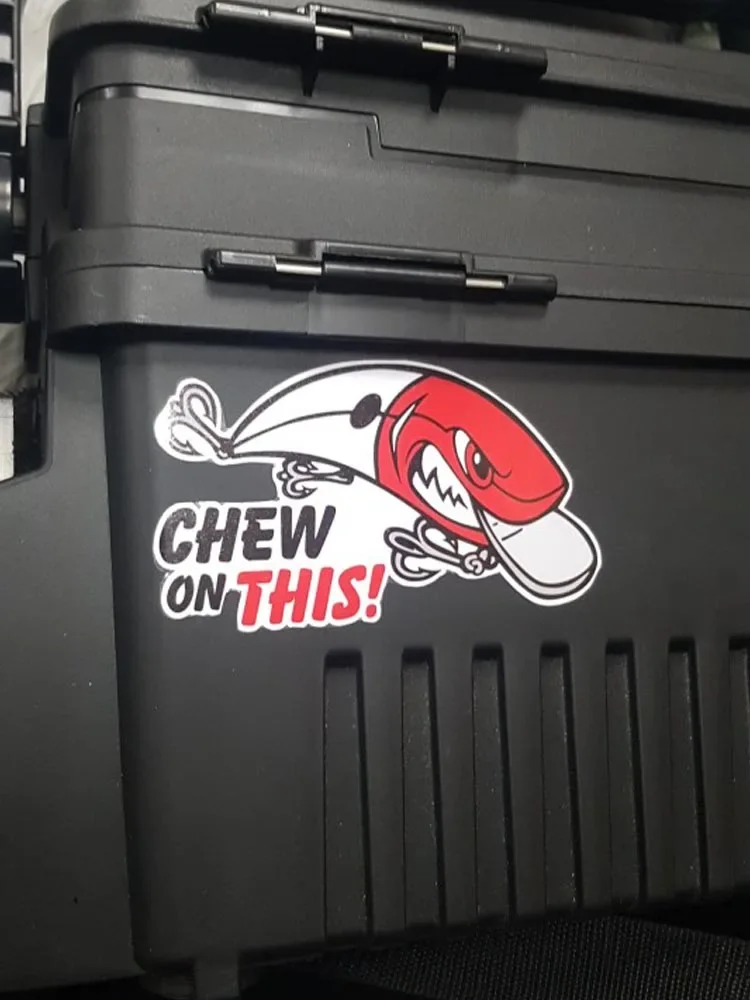 EARLFAMILY Chew on This Lure Sticker for Tackle Box Toolbox Boat Waterproof Car Decoration Cartoon Fishing Lure Car Stickers