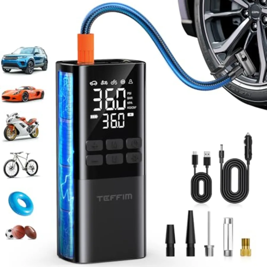 Tire Inflator Portable Air Compressor - Air Pump for Car TiresPortable for Car with Pressure Gauge Tire Inflator with LED Light