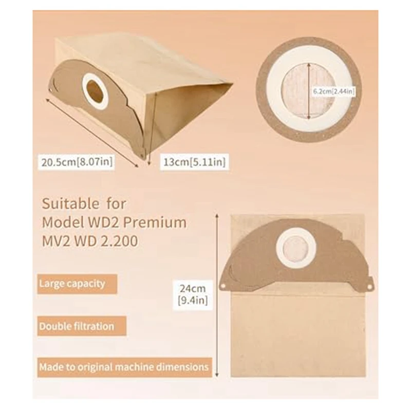 Bolsas de filtro de papel para aspiradora Karcher WD2, 6.904-322,0, 24 unidades