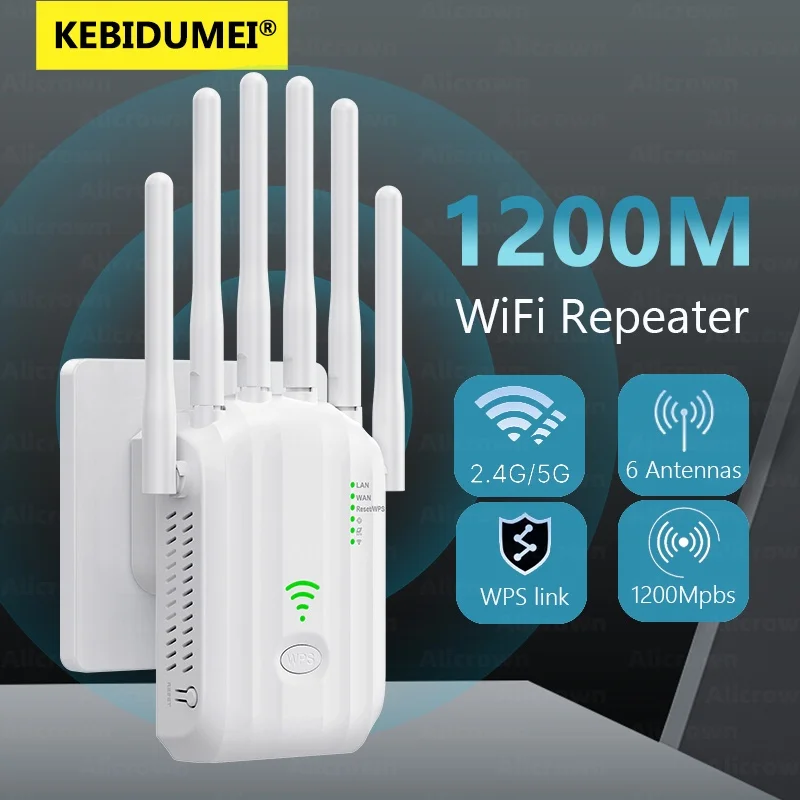 Wireless AC1200 Router Wifi Range Repeater 2.4G/5GHz Dual Band with High Gain 6 Antennas Wider Coverage Booster Wi-Fi Extender