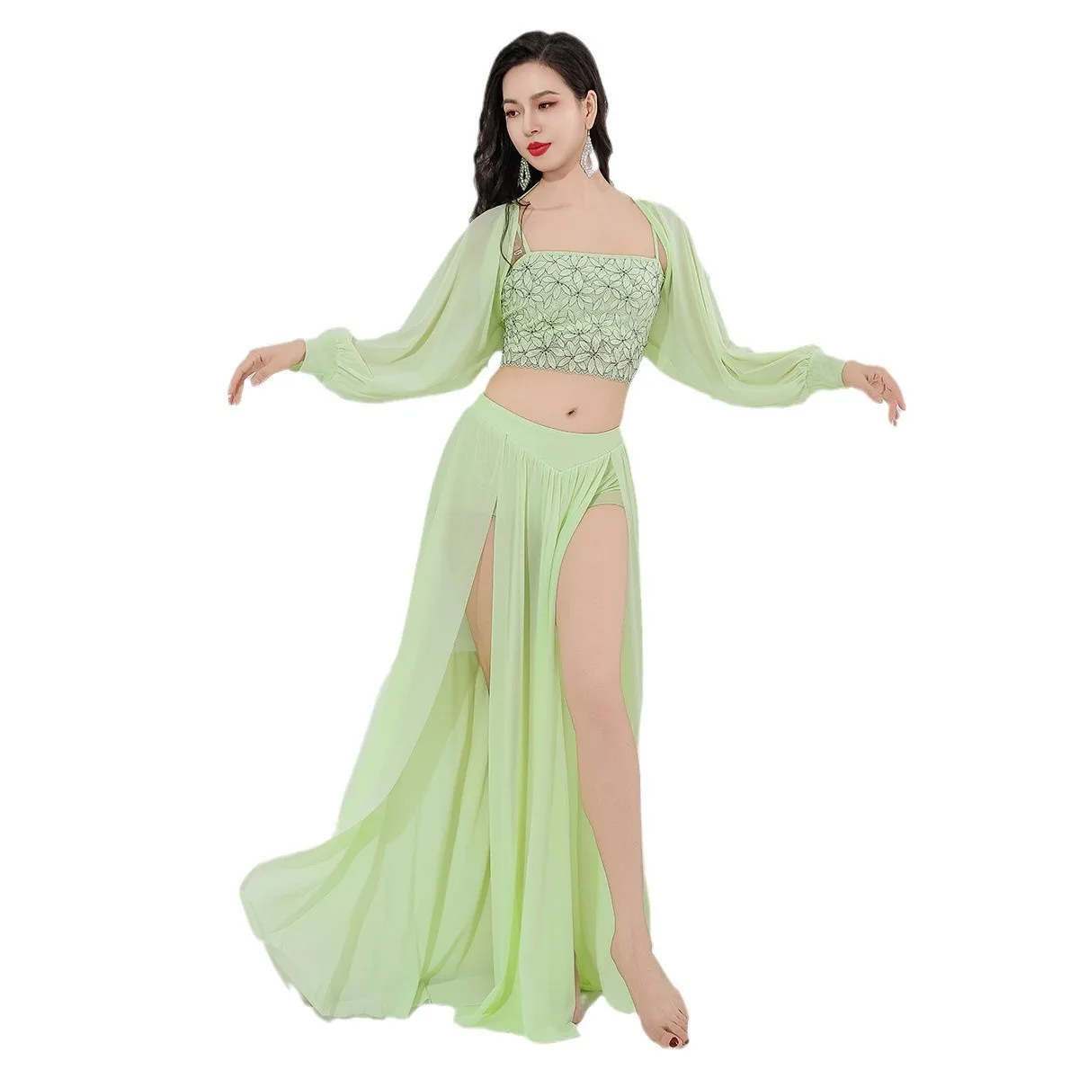 Dance Skim Belly Practice Clothes for Women's Sexy Lace Mesh Long Skirt 3pcs Girls Belly Dancer Performance Costume Suit