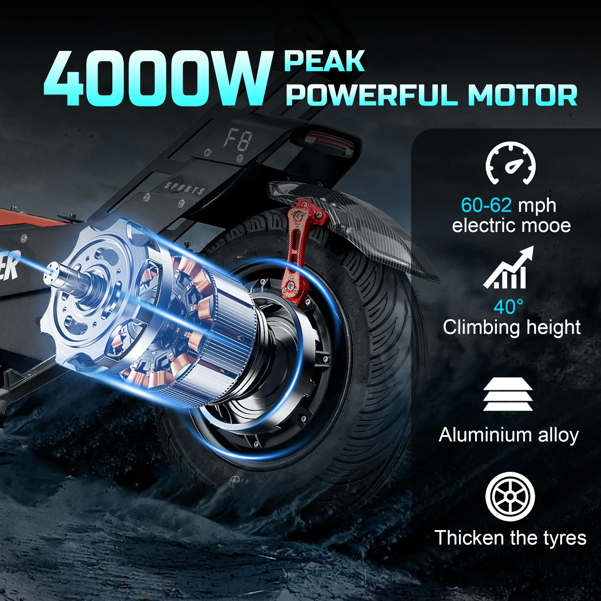 HEZZO F8 Electric Scooter 16 Inch Foldable 72v 8000W 62.5MPH 50Ah
