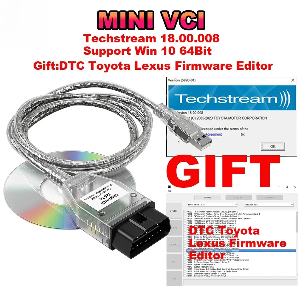 Mini VCI For Toyota TIS Techstream V18.00.008 FTDI FT232RL OBD2 Diagnostic Cable Until 2023 DTC Firmware Editor For Toyota/Lexus