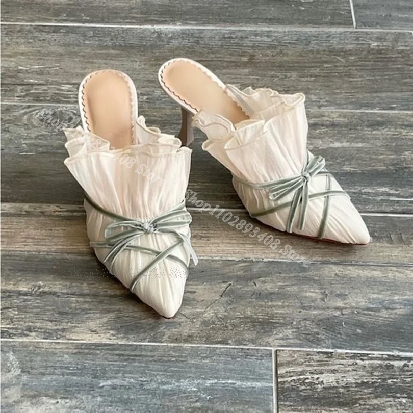 Lace Trim Bowknot Decor Slippers Pointed Toe Stiletto Heels Brtish Style Elegant Women Dress Casual Shoes Zapatos Para Mujere