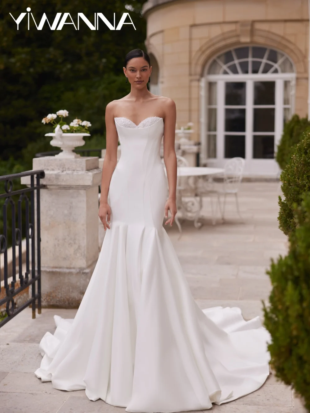 

Dazzling Dreamy Pearls Satin Wedding Dress Romantic Sweetheart Neck Bridal Gown Customized Floor-length Mermaid Dress For Bride