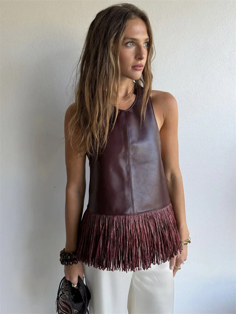 Women's Backless PU Leather Tank Top with Tassel Detail