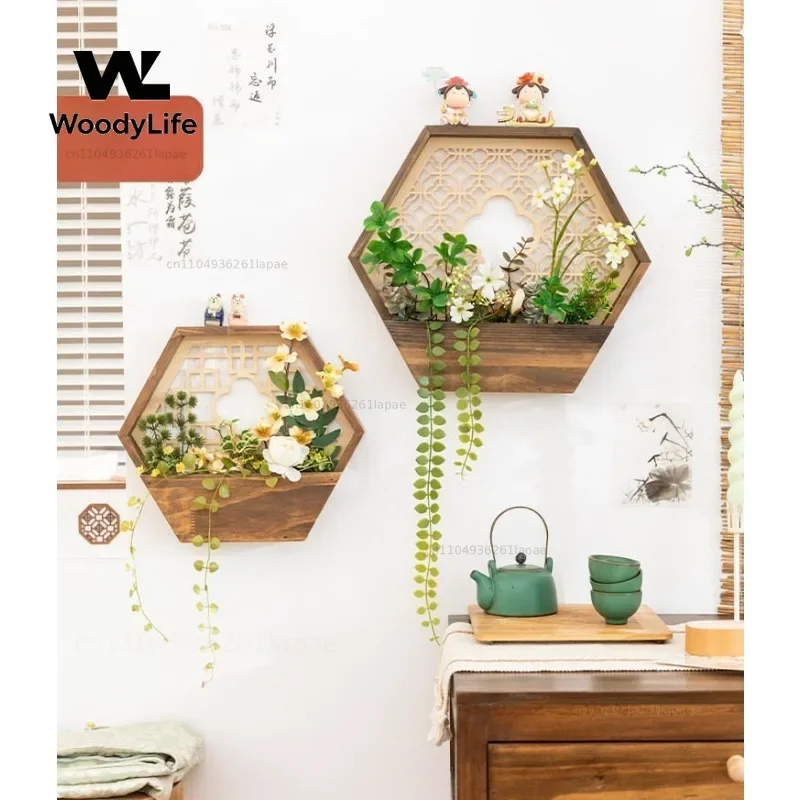 New Chinese False Window Wall Decoration Flower Utensils, Balcony Outdoor Dining Room Bedroom Bedside Wall Hanging Green Plants