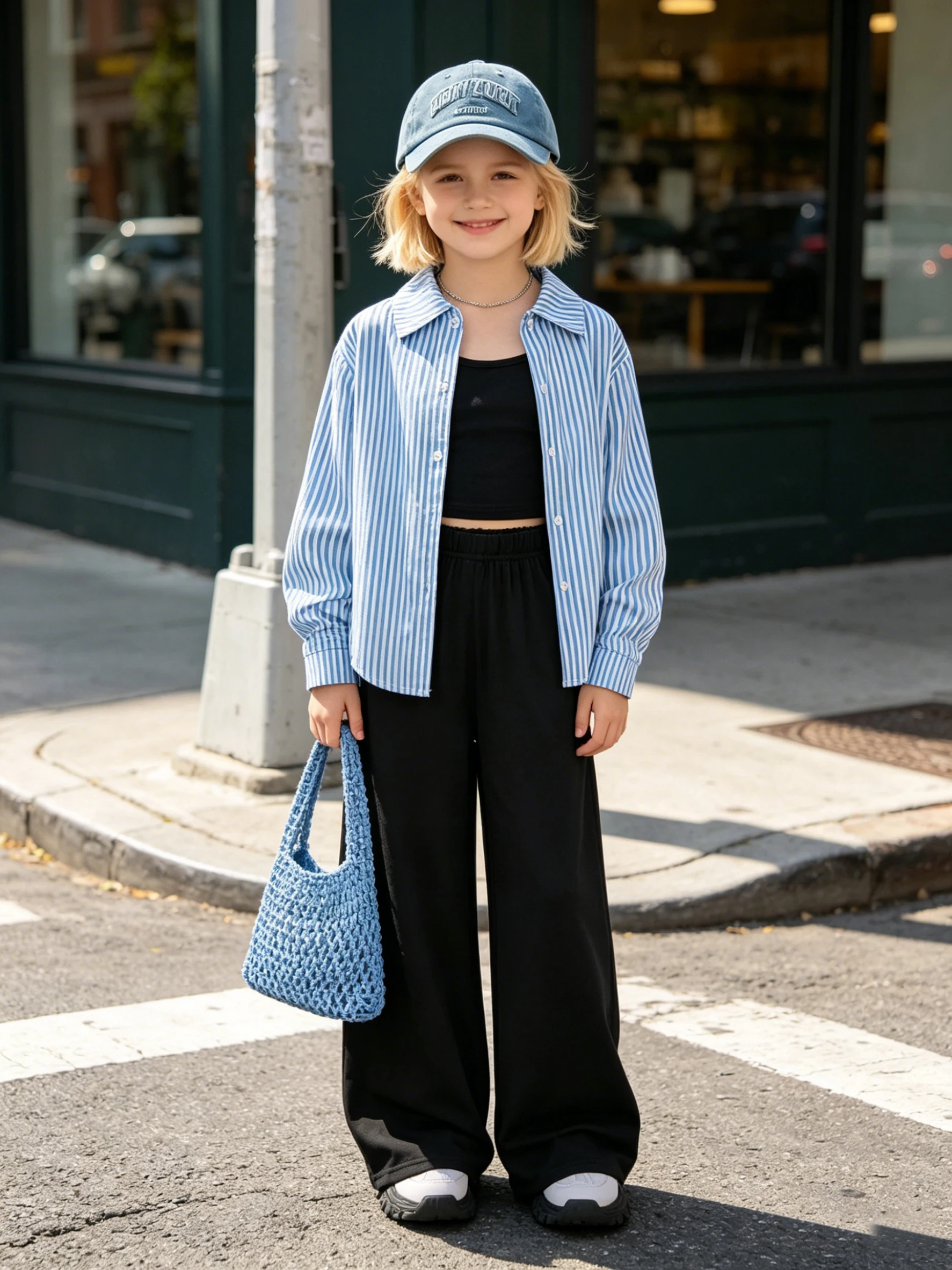 Girls' fashionable long pants set for spring and autumn, girls' outdoor casual striped long sleeved shirt vest wide leg pants
