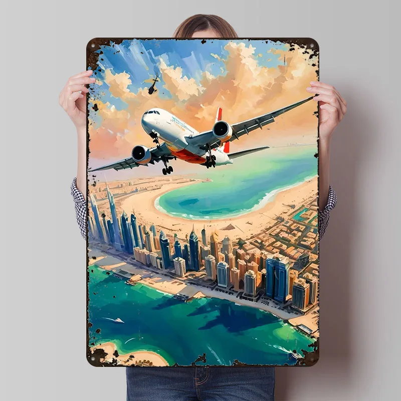 Airplane Flying Over a Coastal City Printing Poster Customized Retro Wall Art Vintage Metal Signs for Luxury Home Decor Items