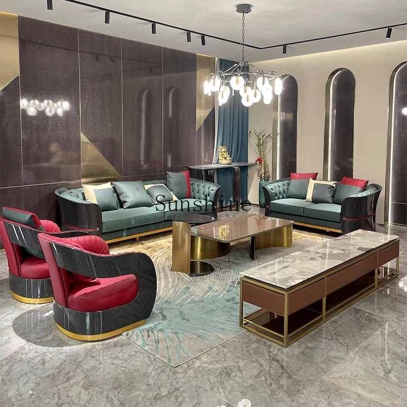 

Modern light luxury sofa Italian cowhide solid wood living room villa high-end large apartment
