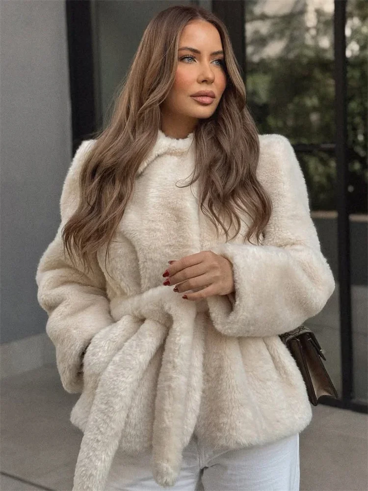 Prendas de vestir holgadas de piel sintética con cordones para mujer, prendas de vestir elegantes de cintura alta para ir al trabajo, chaqueta de piel sintética para mujer 2025