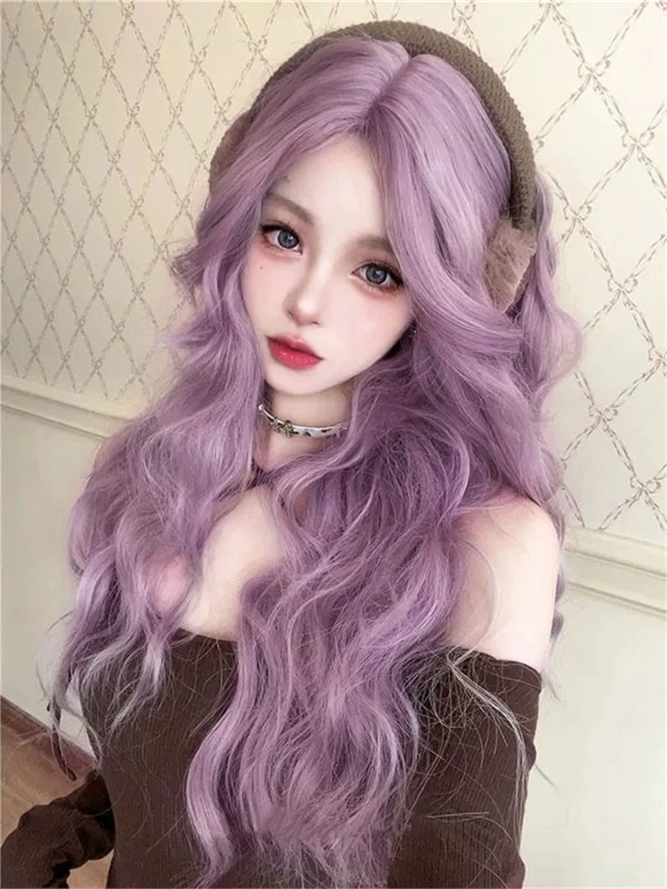 OLACARE Synthetic 30 Inch Purple Wavy Wig Middle Part Curly Long Lace Natural Looking Heat Resistant Fiber for Women Daily