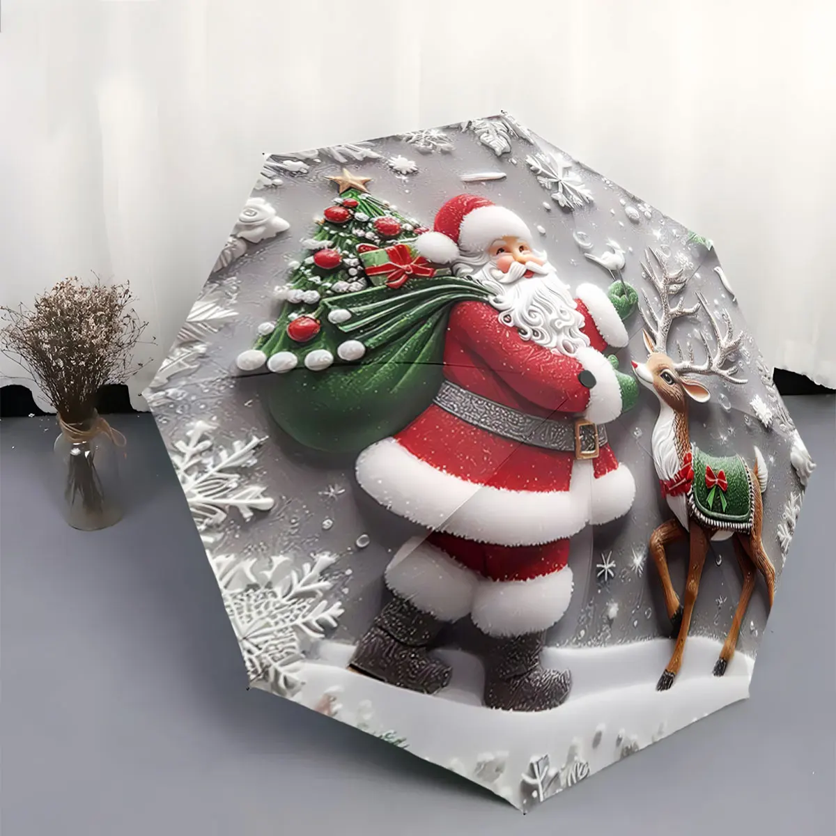 Santa Claus with Reindeer Christmas Snowy Scene Umbrella portable waterproof sun rain umbrella for outdoor travel beach