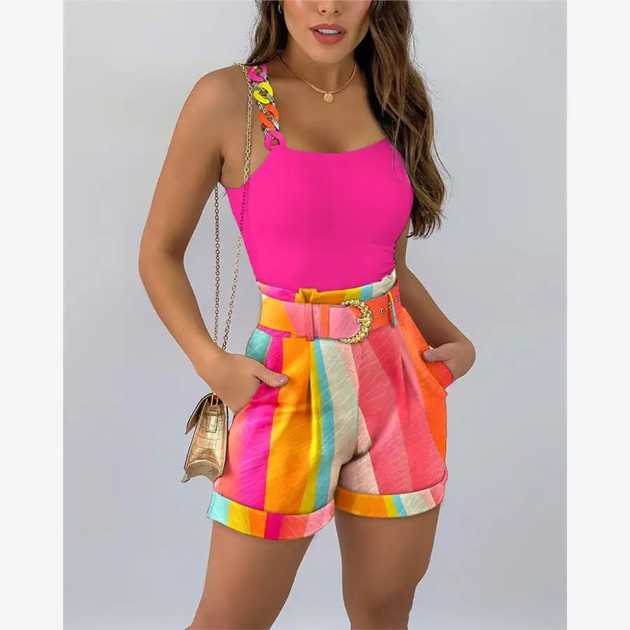 

Color-Block Print Chain Top Shorts Set Women's Fashion Summer Outfit Polyester Material Matching Set for Young Adults