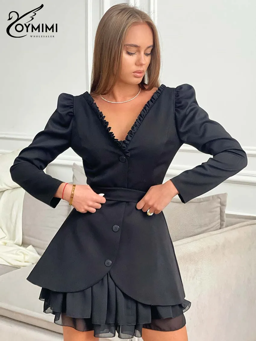 Oymimi Elegant Black Woman 2 Piece Set Outfit Fashion V-Neck Wrist Sleeve Button Shirts And High Waist Pleated Mini Skirts Sets