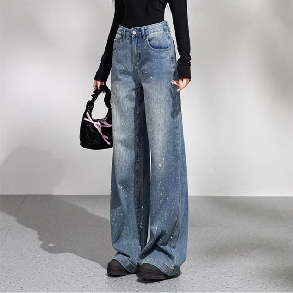

Women's Clothing Rhinestone Design High Waist Wash Jeans Women's Loose Slimming Straight-Leg Pants