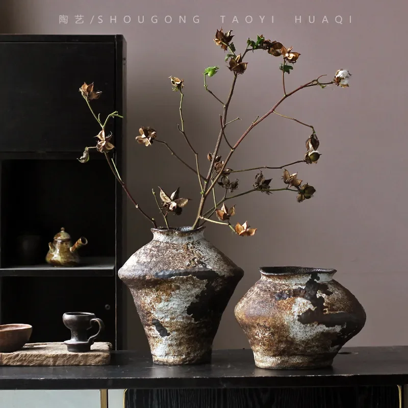Retro Wabi Sabi Old Ceramic Vase Modern Medieval Home Decoration B&B Hotel Model Room TV Cabinet Ornament