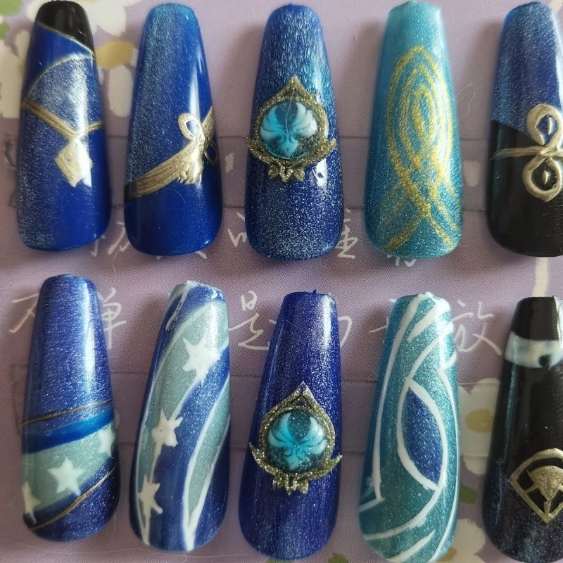 Xiao-uñas postizas desmontables hechas a mano, juego de rol personalizado, Nail Art, belleza Artificial