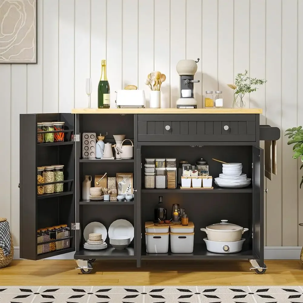 Mobile Kitchen Island with Drop Leaf, Storage Cabinet Table, and Dining Room Cart in Black