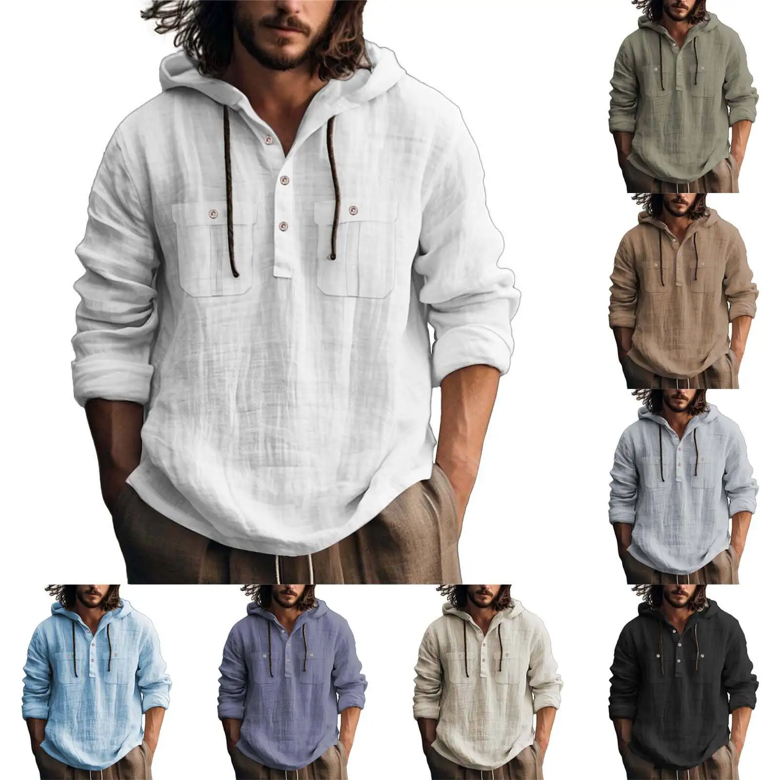 

New 2025 Men's Long Sleeve Hoodie Cotton Linen Loose Color Casual Shirt Comfortable Fit Spring Season Fashion Trend