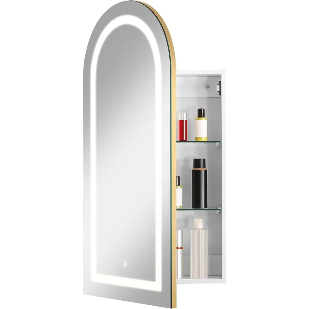

Arched Medicine Cabinet with LED Light, Recessed Black Bathroom Mirror Cabinet with Integrated Storage, Wall-Mounted Mi