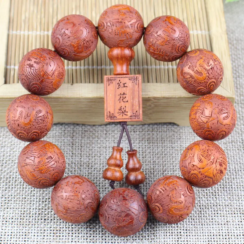 Red rosewood bracelet20Carved Buddhist Bead Bracelet, Wooden Prayer Beads for Men and Women, Redwood Hand Jewelry