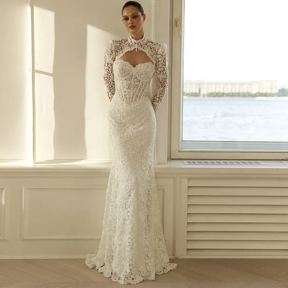 Classic Strapless Sleeveless Vestido De Novia Temperament Mermaid Lace Wedding Dress Customized Appliques Bridal Gown with Shawl