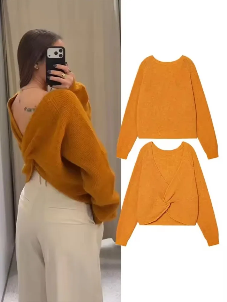 

Spring Autumn Women Knit Sweater with Knotted Back Casual V Neck Jumper Long Sleeves Simple Female Chic Tops