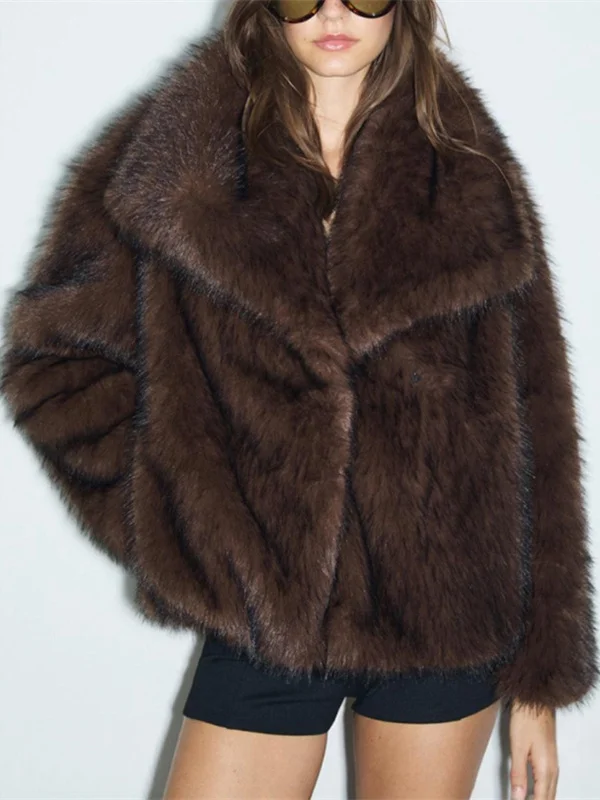 معطف Ele Winter ort للنساء من الفرو الاصطناعي طويل Sve بياقة مقلوبة من مادة البوليستر للدفء #2