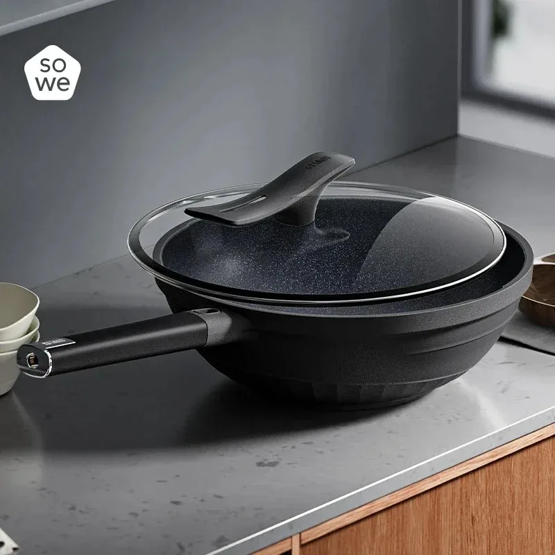 Wear Resistant Wheat Rice Stone Non Stick Flat Bottomed Wok Household Non Oil Fume Stove Universal Stir Fry Pan Cookware