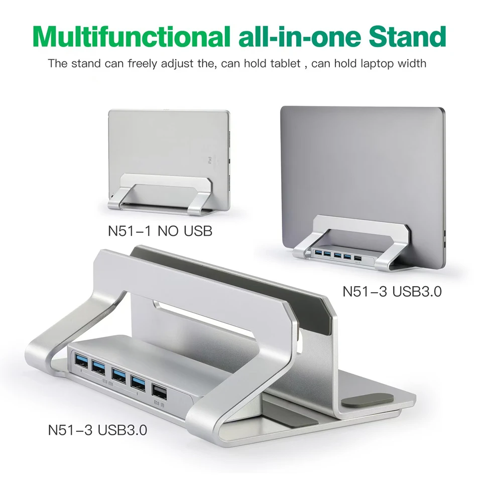 Aluminum Width Adjustable Vertical Desktop Holder Dock Save Space for Desk Organizers and Storage Laptop Stand With 3.0 Hub
