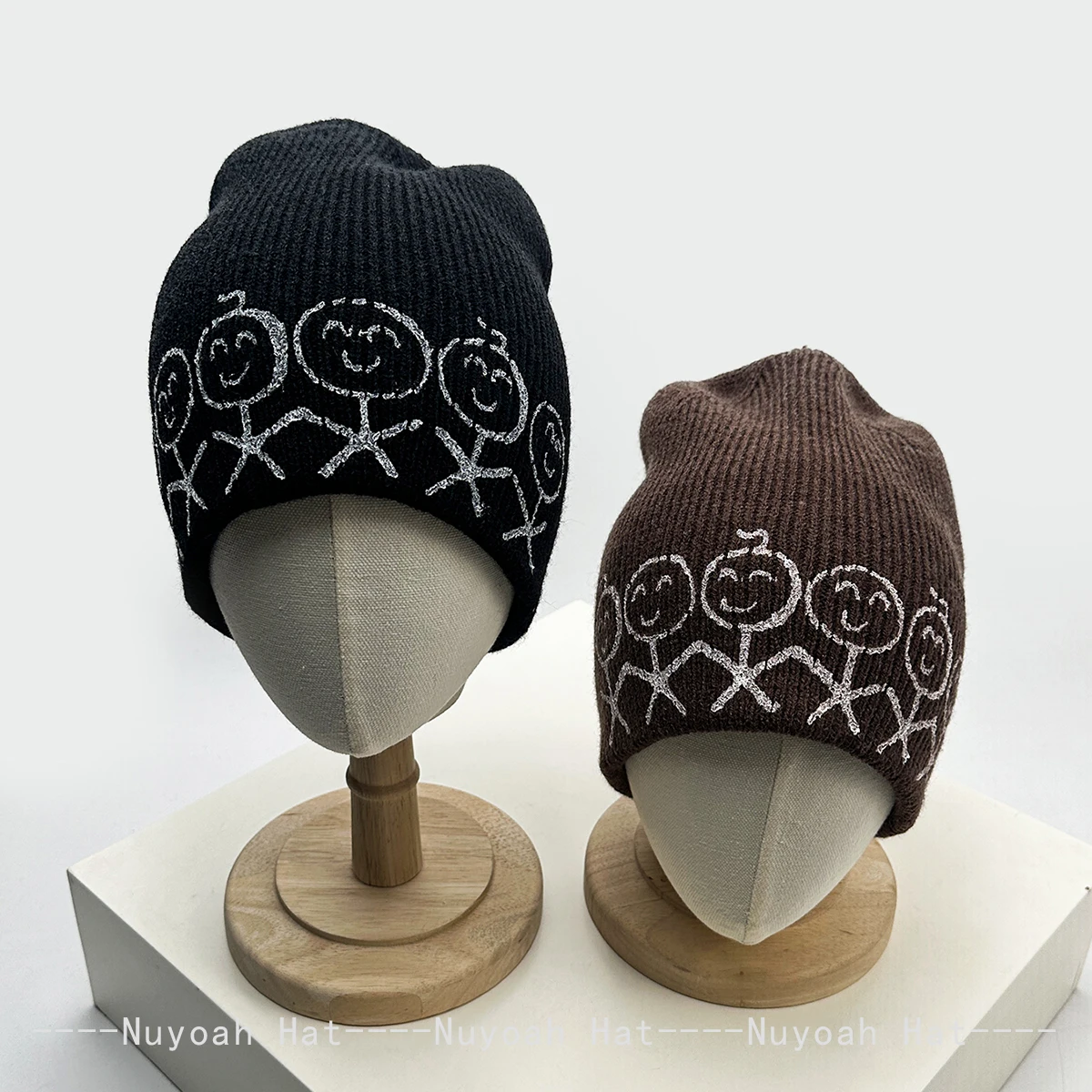 Korean Cartoon Hand-drawn Stick Figure Beanie Hat Unisex Warm Knitted Color Block Fashion Simple Beanies Versatile Winter Caps