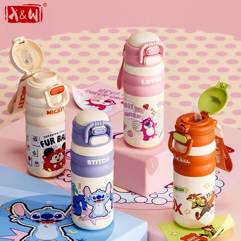 X&W Disney Stitch Thermos Cup 316 Stainless Steel Pop-up Straw Cups Cartoon Double-drink Thermal Mug Outdoor Travel Ice Tumbler