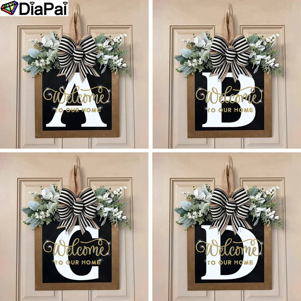 DIAPAI DIY Diamond Painting Last Name 26 Letters Front Door Wreath Family Surname Bow Welcome Logo Home Festivals Room Decor