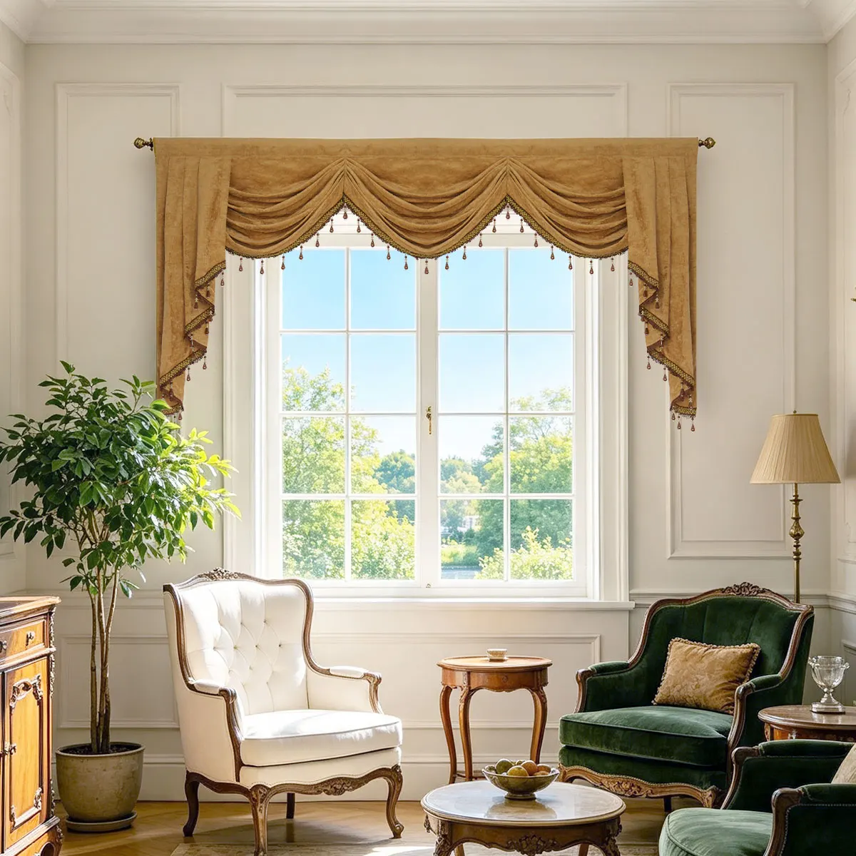 1 Piece Caramel Velvet Swag Curtain Valance, European Classic American Luxury Style, Bead Tassel Trim Decorative Window Header f