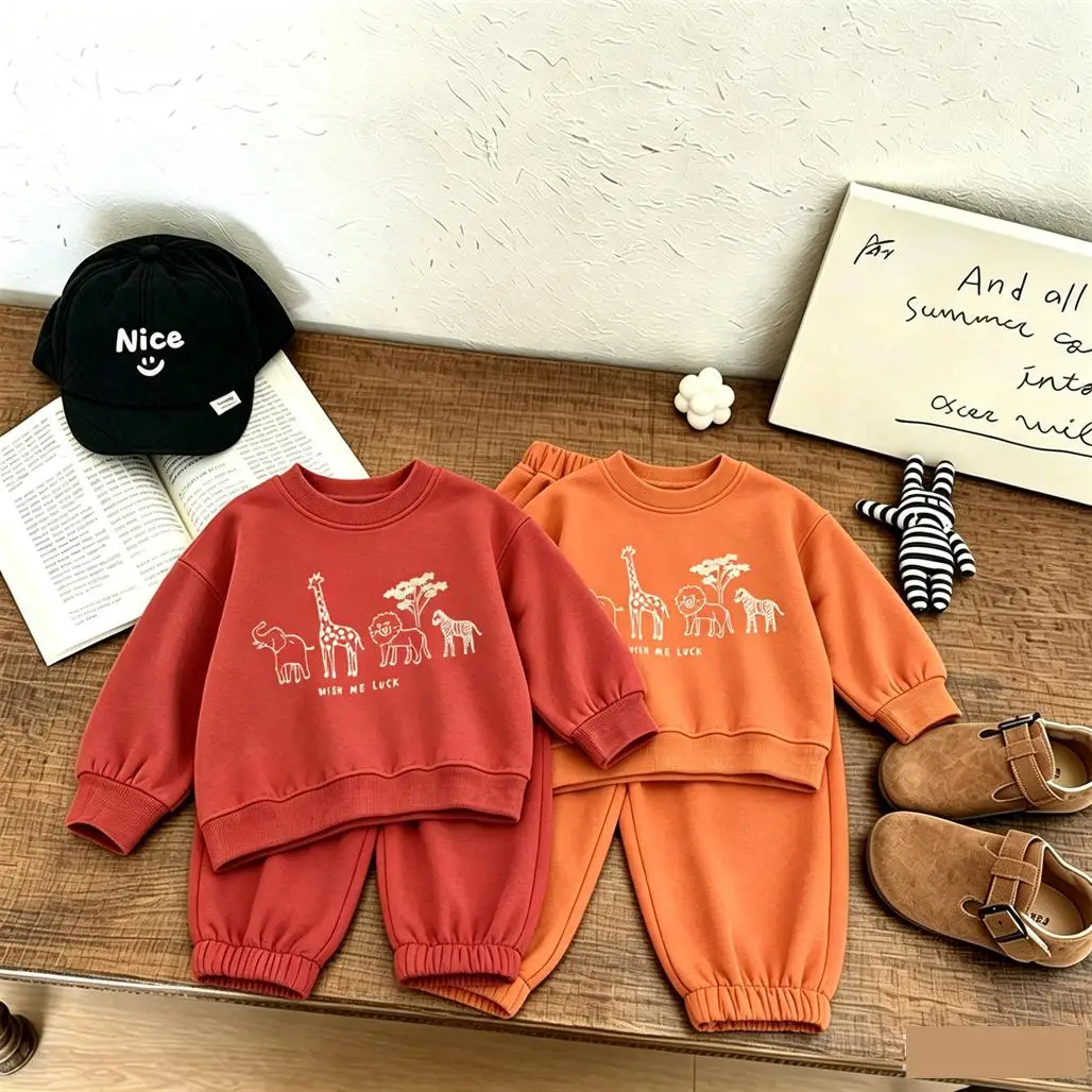 Animals Print Sweatshirts Solid Color Versatile Pants Two Piece Set Autumn Costume Long-sleeved Outfits Cute Hoodies Loose Pants
