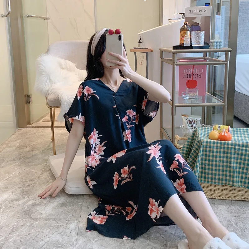 Summer Women Nightdress Short Sleeved V Neck Nightgowns Floral Printed Casual Sleepwear Pyjamas Girls Sleepdress Female Homewear