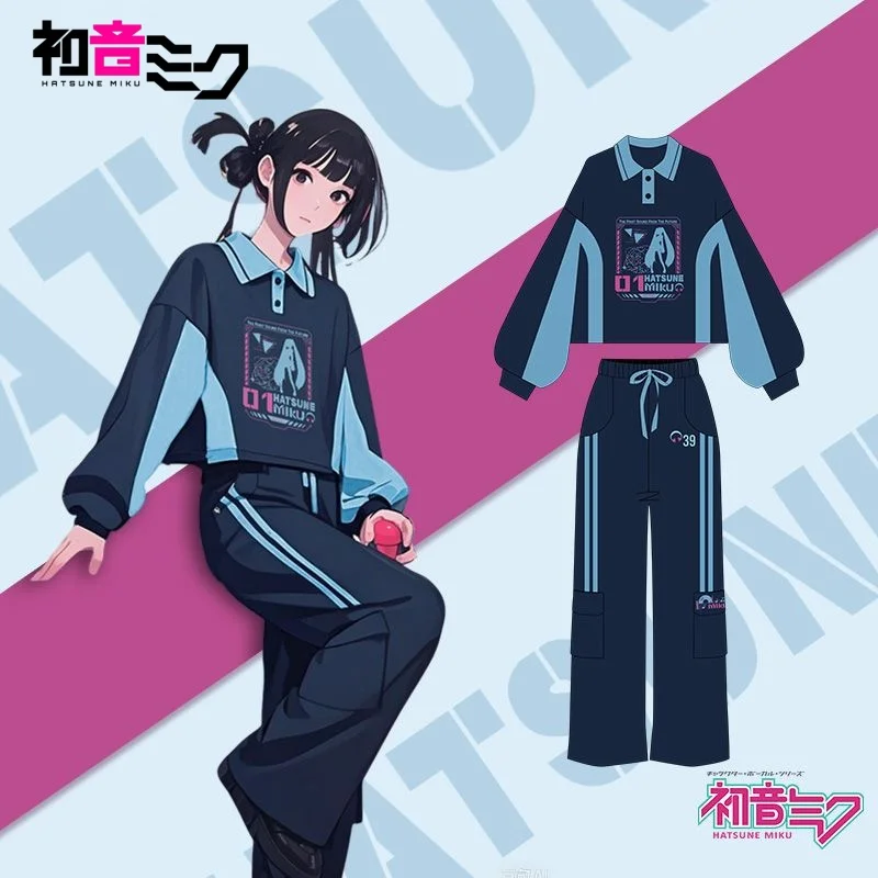 new-spring-clothing-hatsune-miku-polo-collar-men's-and-women's-casual-comfortable-pants-lapel-short-top-sports-suit-friend-gift