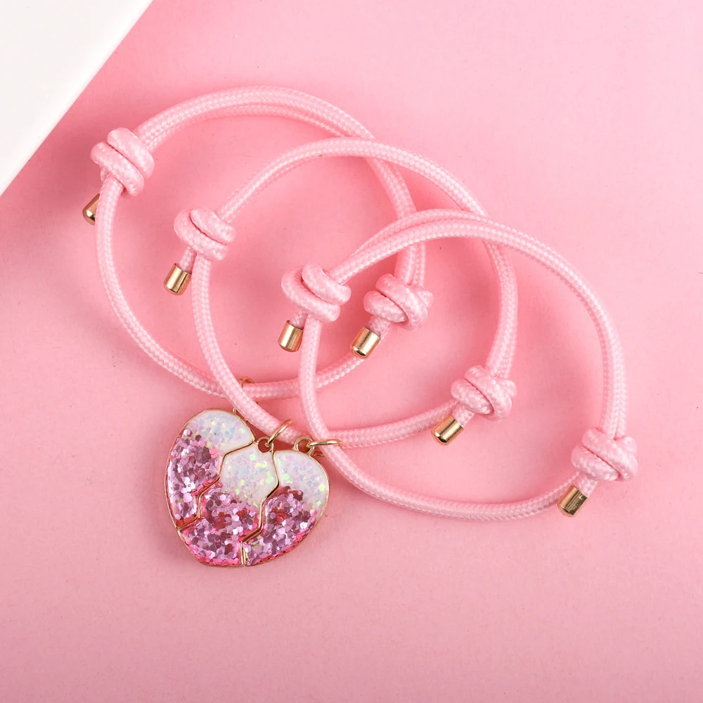 A Girl 3Pcs/set Luminous Rope Heart-shaped Pink Sequins Best Friend Bracelet for Girls Fashion Friendship Gifts