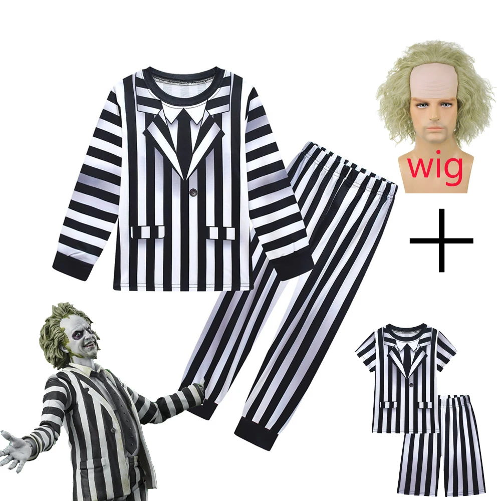 Halloween COS Costumes B-Beetlejuice2 Cosplay Costume Kids Underworld Mage Cosplay Children’s Striped Suits Performance Uniform