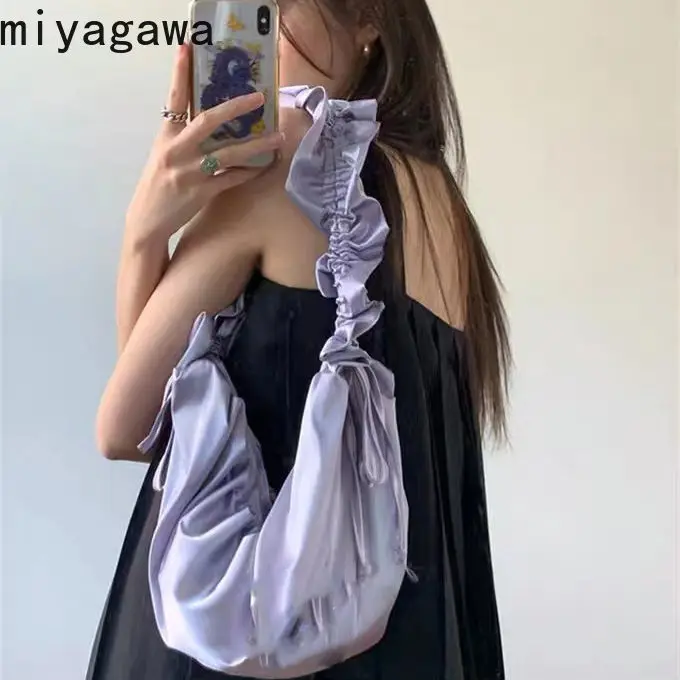 Miyagawa New Instagram Versatile Pleated Lace Drawstring Large Capacity Single Shoulder Crossbody Bags Fashion Bags for Women