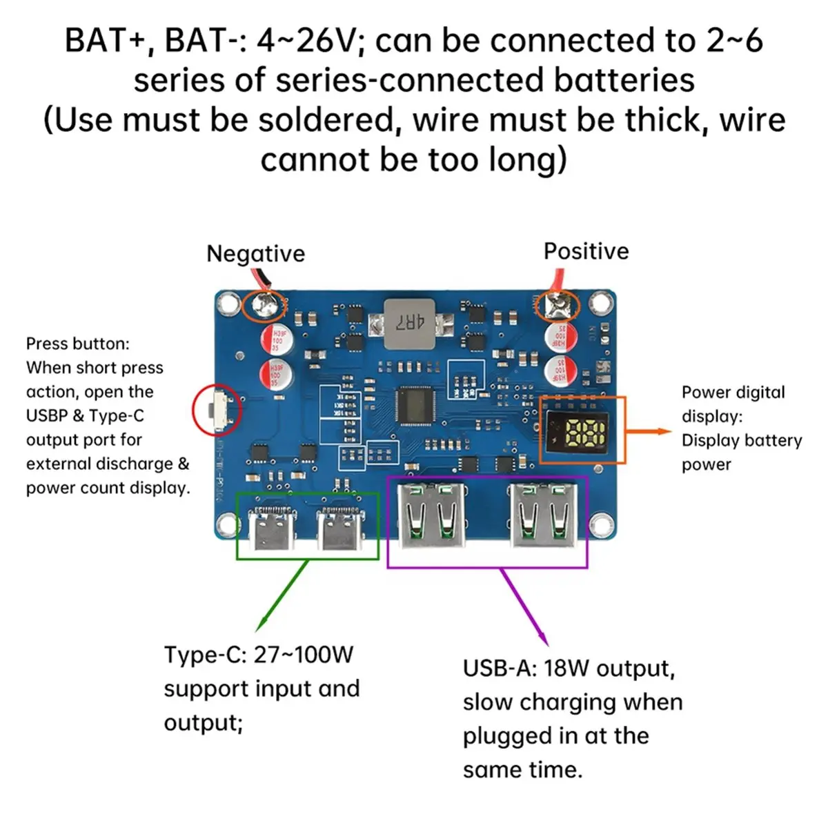 Модуль мобильного питания ABSY 100W PD QC, плата защиты литиевых аккумуляторов 2-6S, двунаправленная быстрая зарядка, DIY Power Bank, MPPT