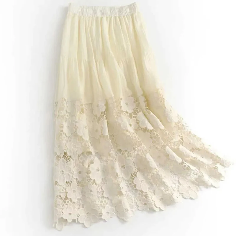Women White Crocheted Hollow Out Skirt Sweet High Waisted A Line Midi Skirt Patchwork Summer Vacation Beach Harajuku Y2K Skirt