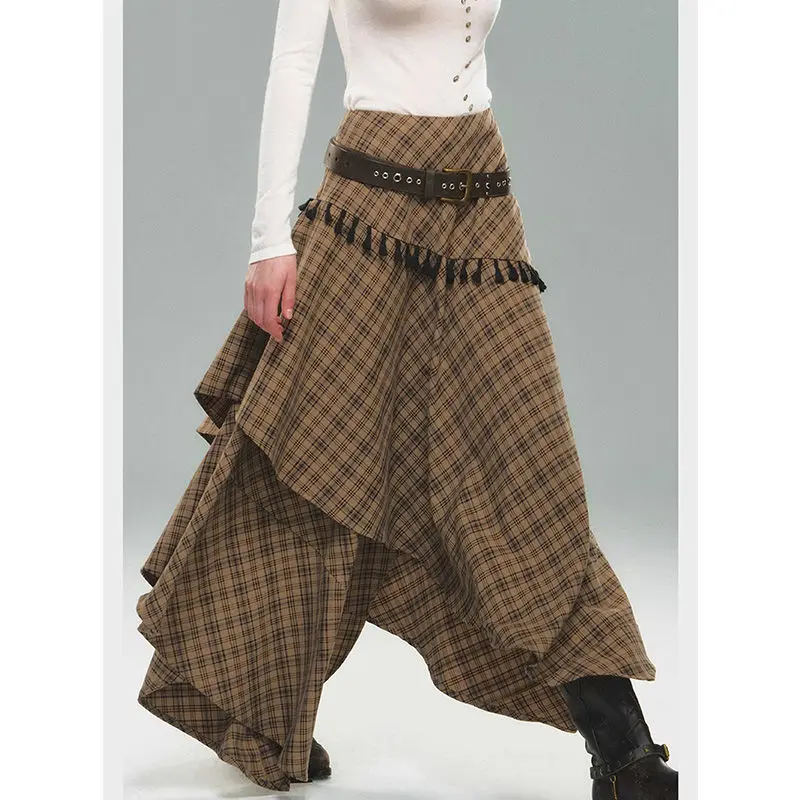 Korean Retro Lazy Style Irregular Plaid Long Skirt for Women in Autumn Fashionable Loose and Slimming Half Length Skirt