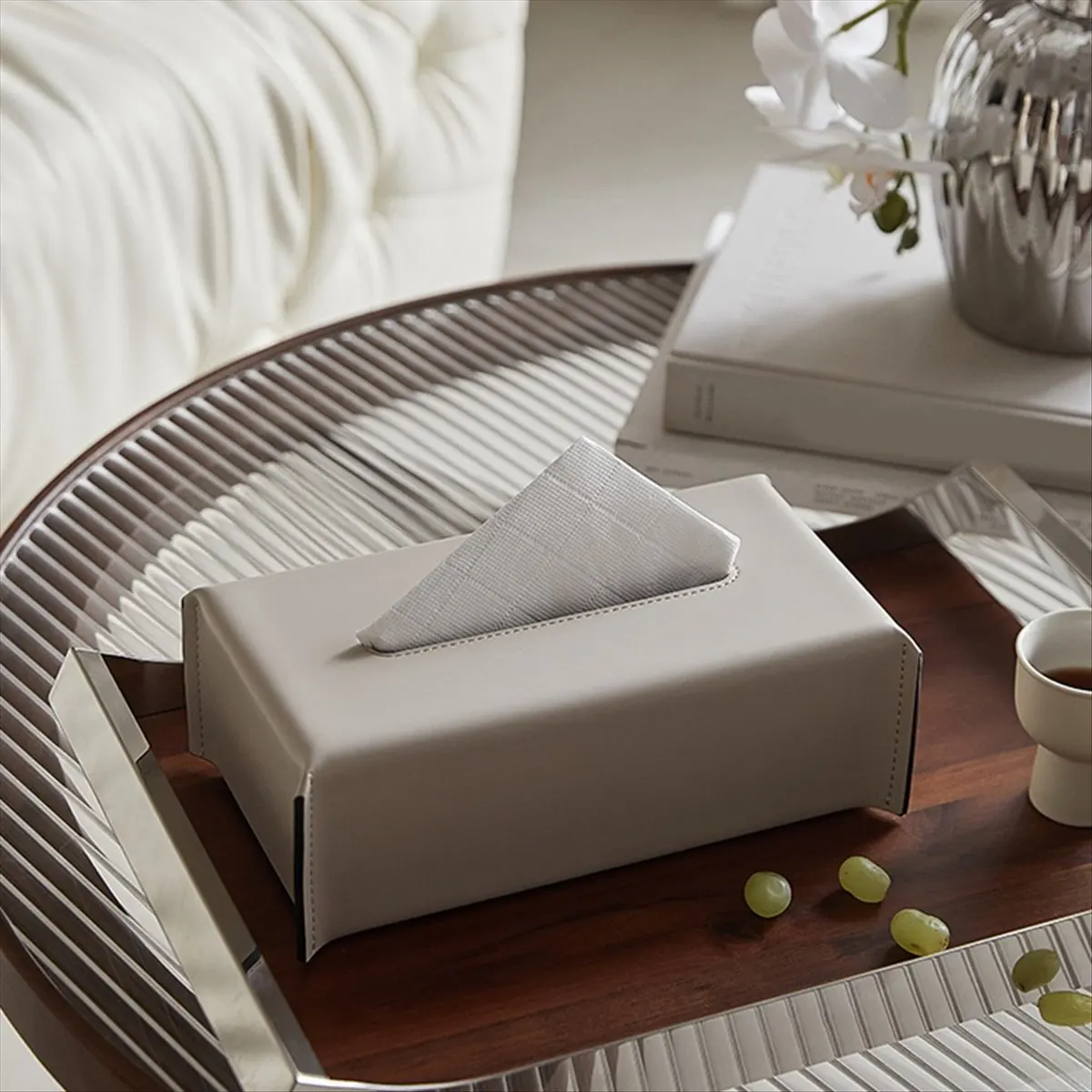 N14R Top Tissue Box Synthetic Leather Napkin Case Living Room Tissue Paper Holder Desktop Home Tabletop Decoration Grey