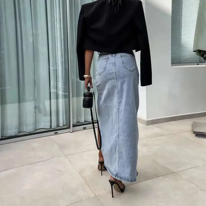 

All-Match Solid Color Hip Wrap Long Fashion Waist Denim Skirt Summer Vintage Street Ladies Pocket High Split Skirts