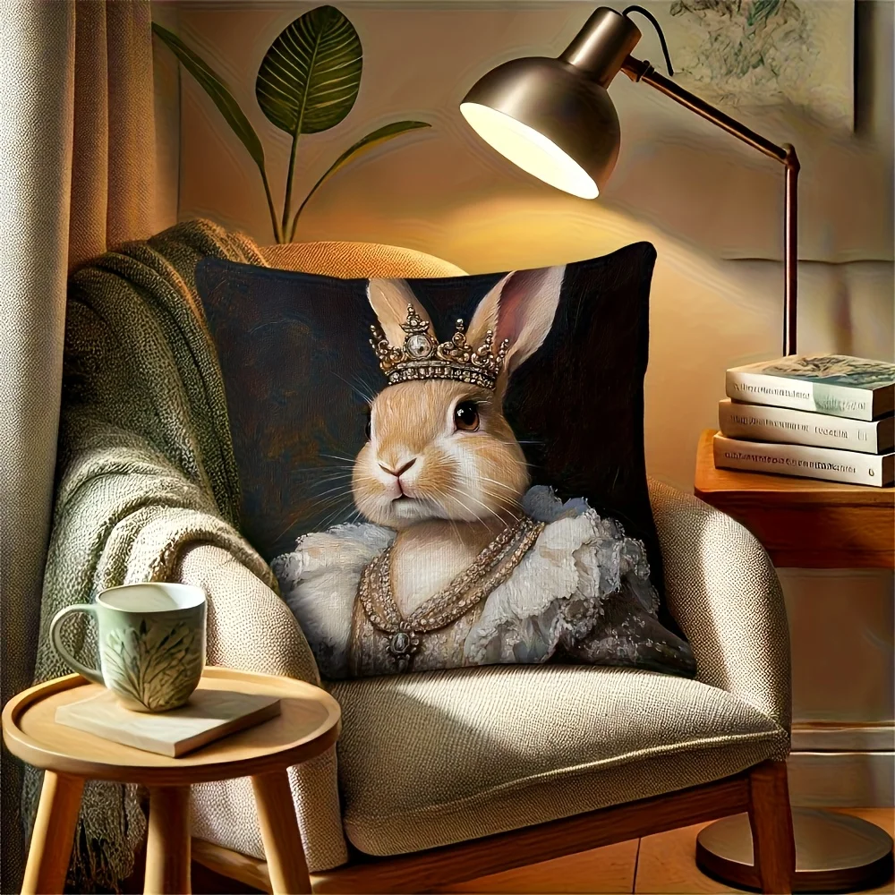 Victorian Rabbit Pillow Cover 45x45cm Polyester Zipper – Crowned Bunny in Ruffled Gown, Machine Washable Home Decor, No Insert