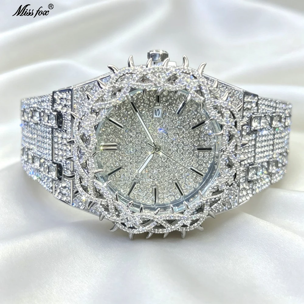 Missfox Quartz Watches For Men Flower Case Luxury Diamond Men's Watch With Big Zircon Black Fashion Hip Hop Hand Clock New