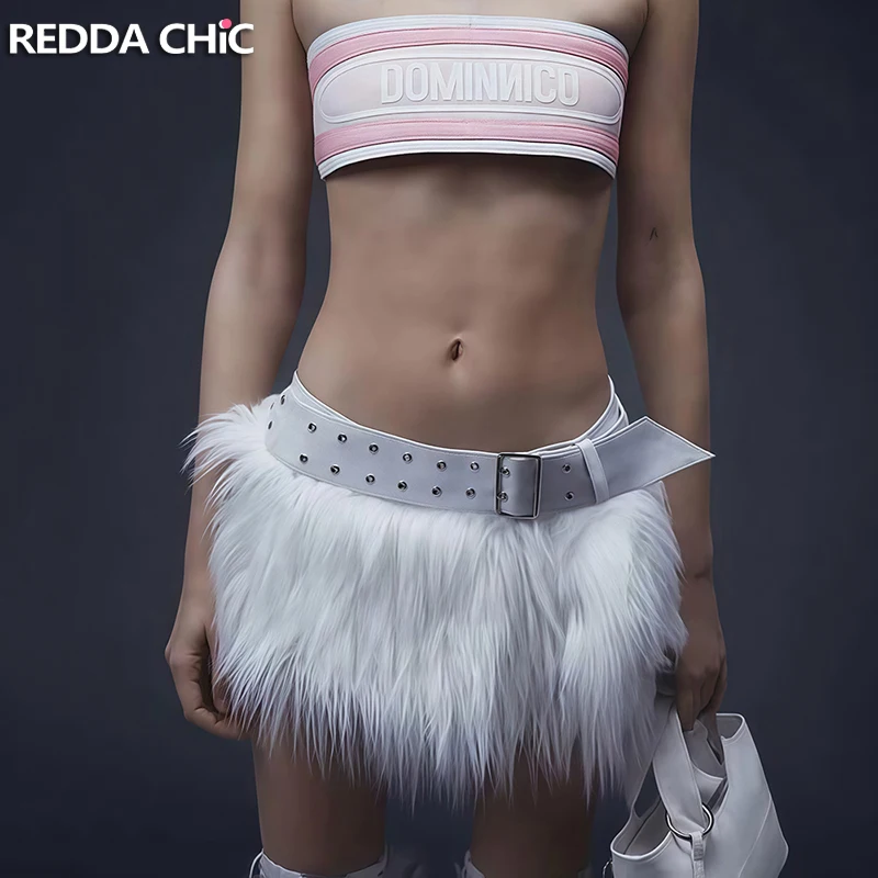 

REDDACHiC Trendy Faux Fur Mini Skirt Women Belted High Waist Furry Warm Slim Bodycon Skirt Vintage Party Alternative Clothing